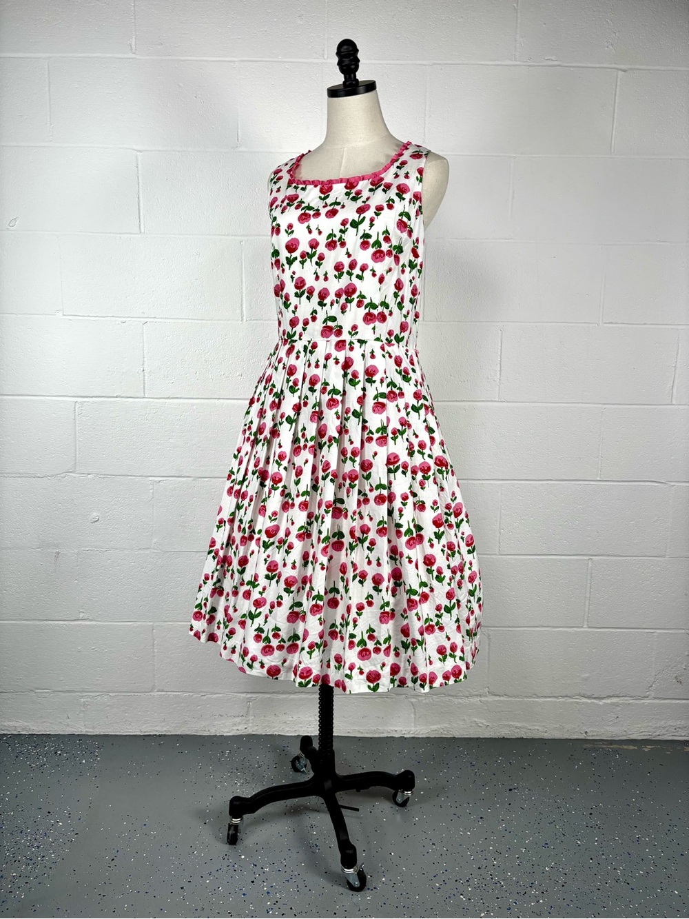 Vintage 90s Pink Rose Floral Fit Flare Day Dress Cotton Ruffle Trim Tradwife 14 - Picture 4 of 14